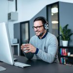 Casual business man having video call.